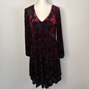 Taylor Womens Babydoll Dress Size 8 Black Red Velvet Floral Burnout Whimsygoth